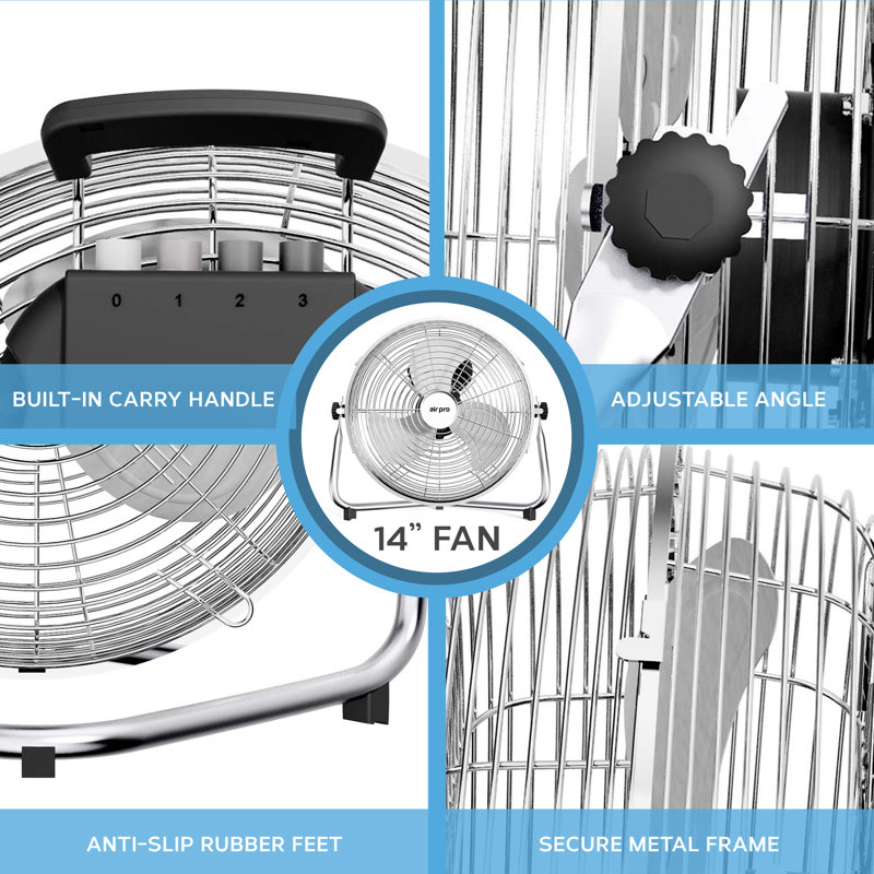14" Floor Fan - Powerful Air Cooling Fan With 3 Speed Settings, Silver