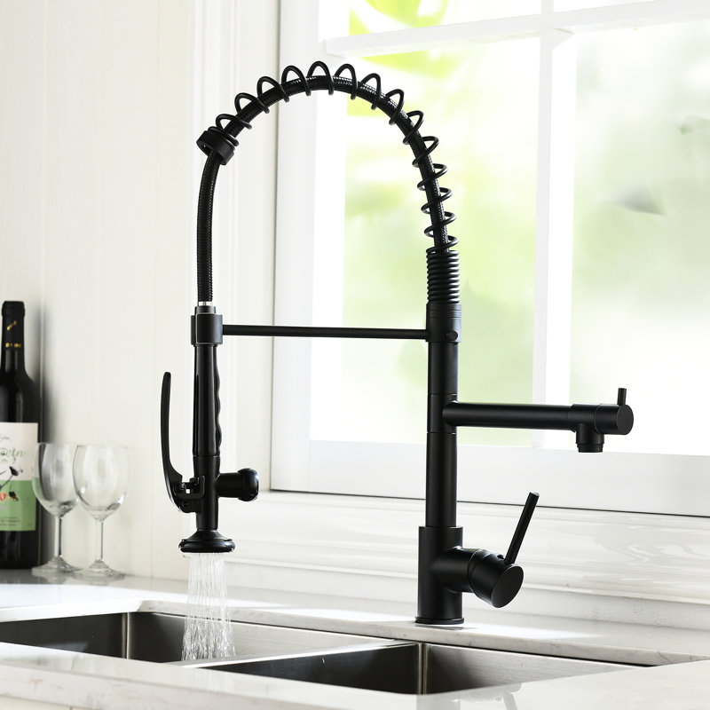 Black And Nickel Kitchen Sink Faucet With Pull Down - Ceramic Filler, Hot Cold Water, , Modern Accessory Style Single Handle, Water Options, Rust-, Contemporary Tap