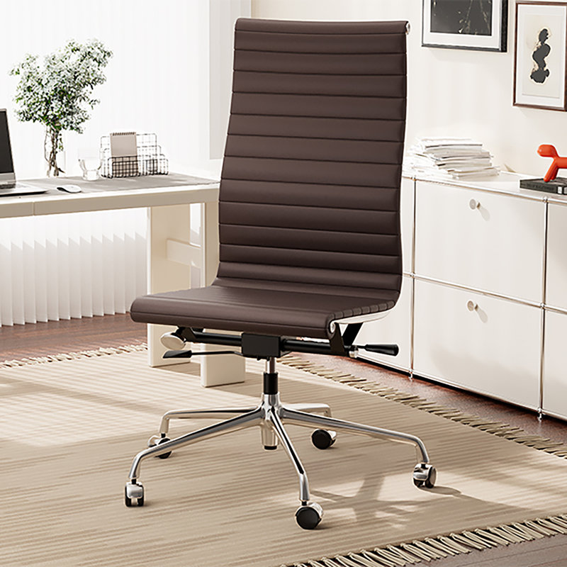 Fauteuil de bureau sans accoudoirs en cuir véritable, dossier mi-haut ou haut, structure en aluminium, High Back, Brown