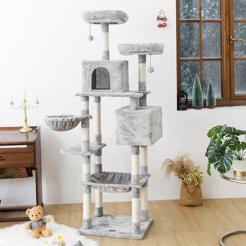 Arbre à chat haut, tour à chat de 75 pouces à plusieurs niveaux avec hamacs, poteaux à griffer, perchoir en peluche