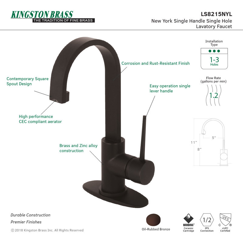 Kingston Brass New York Single-Handle 1-Hole Deck Mount Bathroom Faucet with Push Pop-Up, Oil Rubbed Bronze