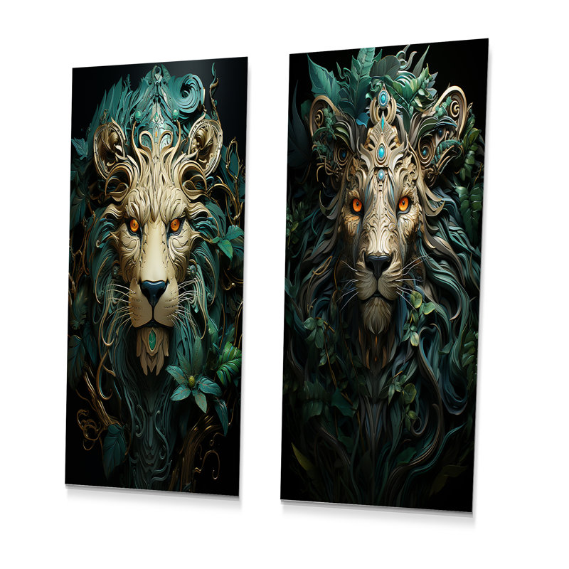 «Lion Verdant Guardian», ensemble de 2 reproductions d'art mural en métal, H 28 po x l 24 po