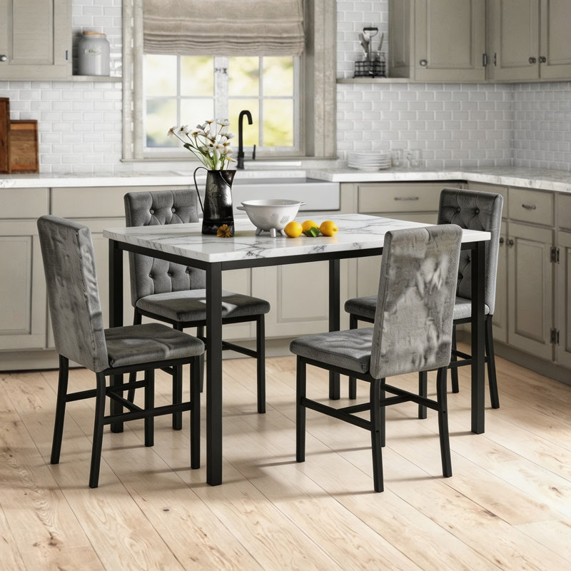 5-Piece Dininng Room Table Set with 4 Uphosltered Dining Chairs, Faux Marble Table Top and Robust Metal Frame Dining Table Set of 5, Space-Saving Design Dinette Set for Home Furniture Kitchen Restaurant