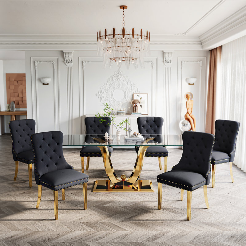 Glass Top Metal Base Dining Table With 4 Velvet Dining Chairs,5 - Piece Pedestal Dining Set, Gold, Black/Gold