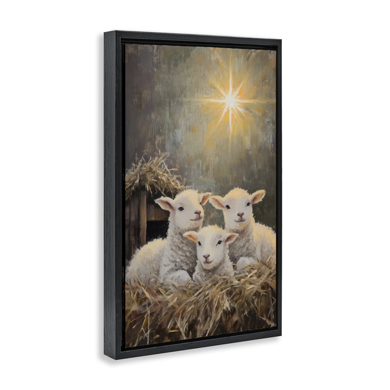 Agneaux festifs dans un cadre flottant stable, design par Petal Prints Design, Cadre flottant noir de jais, H 25 po x l 17 po