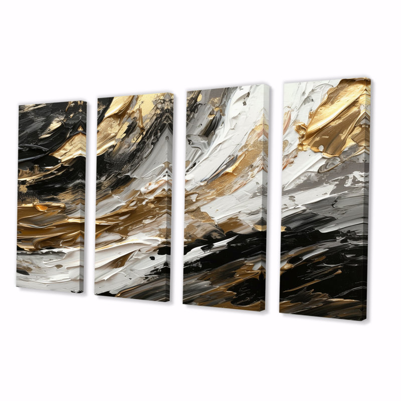 «Imminent Bliss Bold», impression texturée sur fond doré et noir sur toile, 4 pièces