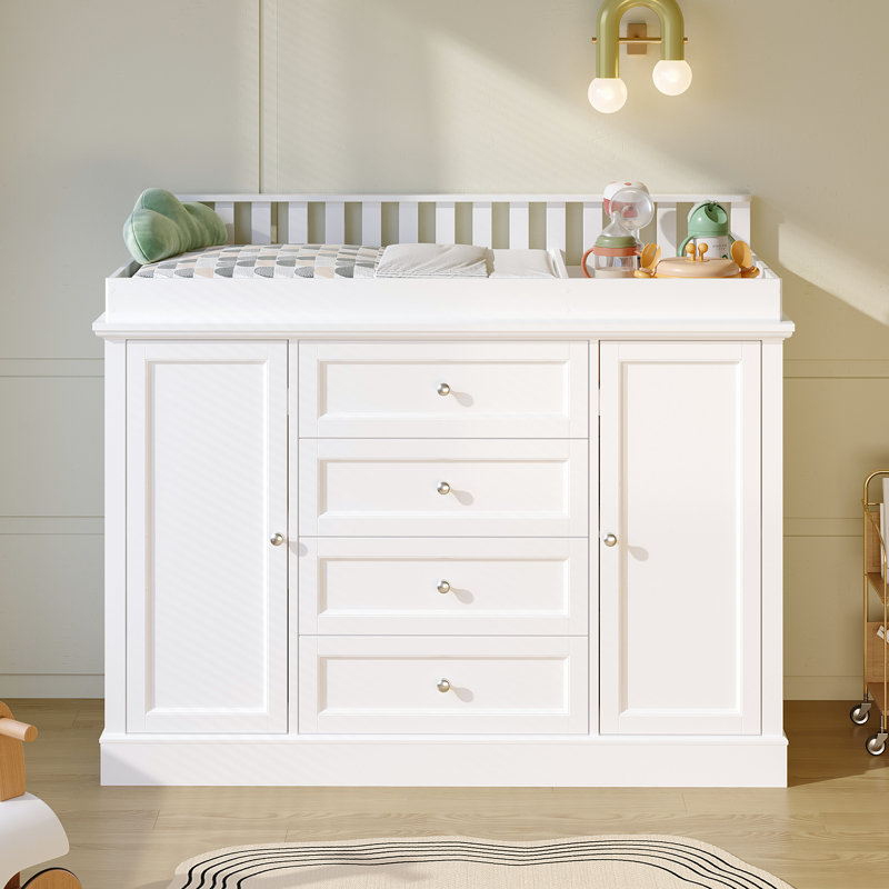 Grande table à langer blanche de 47,2 po avec 2 armoires et 4 tiroirs, White