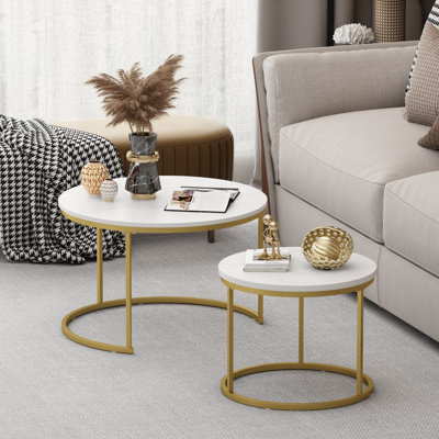 27.6in Nesting Coffee Table Set of 2 Round Wood Marble Pattern Top Sturdy Metal Frame End Table Side Tables for Living Room Bedroom Balcony Yard White