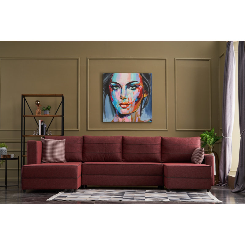 Canapé-lit d'angle Ensi, 100 % polyester rouge bordeaux, Accoudoir à gauche (vu de face)