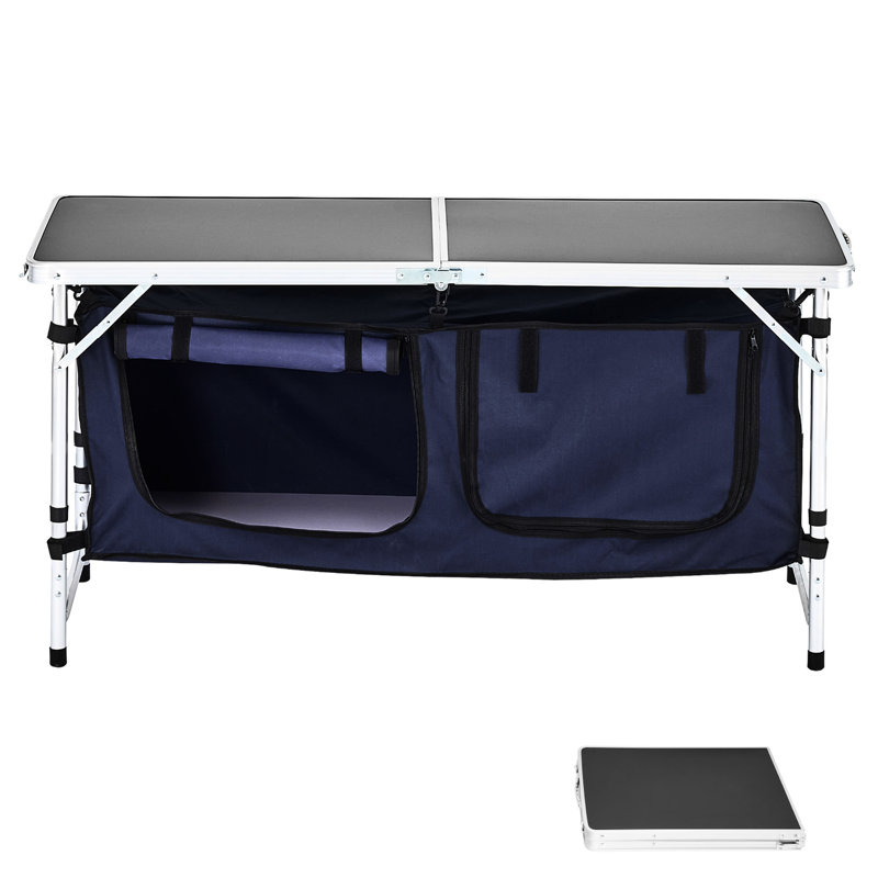 Table de cuisine de camping avec 3 réglages de hauteur, structure en aluminium, bleu, cuisson extérieure, solution de rangement à fermeture à glissière pour utilisation, niveaux réglables, pliage rapide, stabilité en forme de X