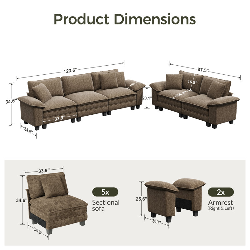 2-piece Upholstered Modular Sectional Sofa Sets, Oversized Couch Set With Loveseat And Sofa, Brown Chenille