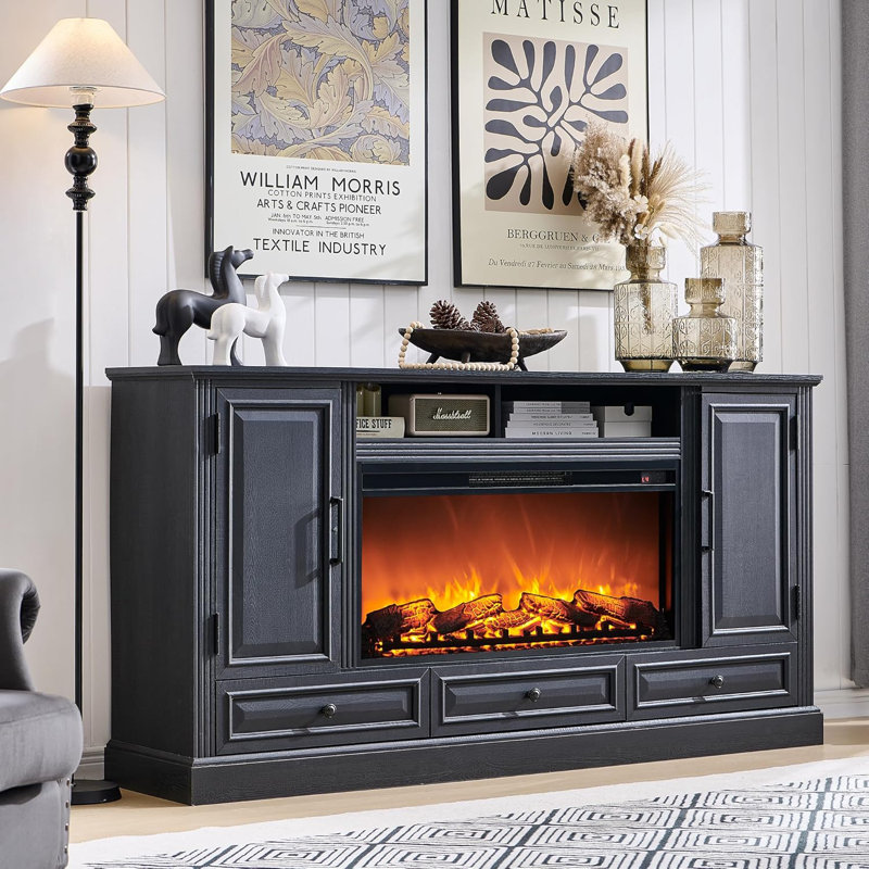 Elma Farmhouse Fireplace TV Stand, 70" TV Stand for TVs up to 80" with Electric Fireplace and Adjustable Shelves, Black