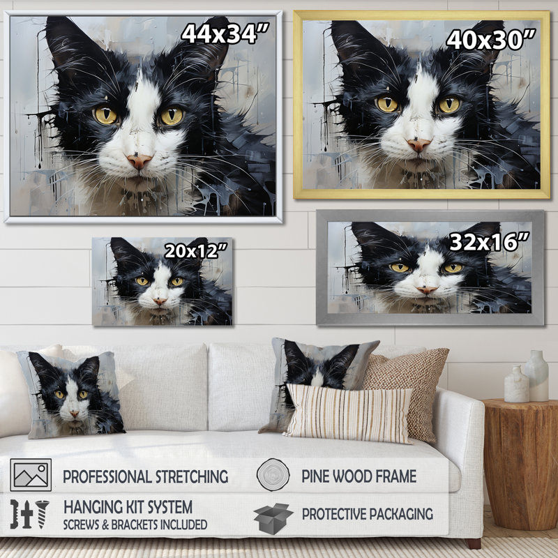 Portrait de chat noir et blanc minimalisme, H 12 po x l 20 po x P 1 po, Cadre naturel flottant