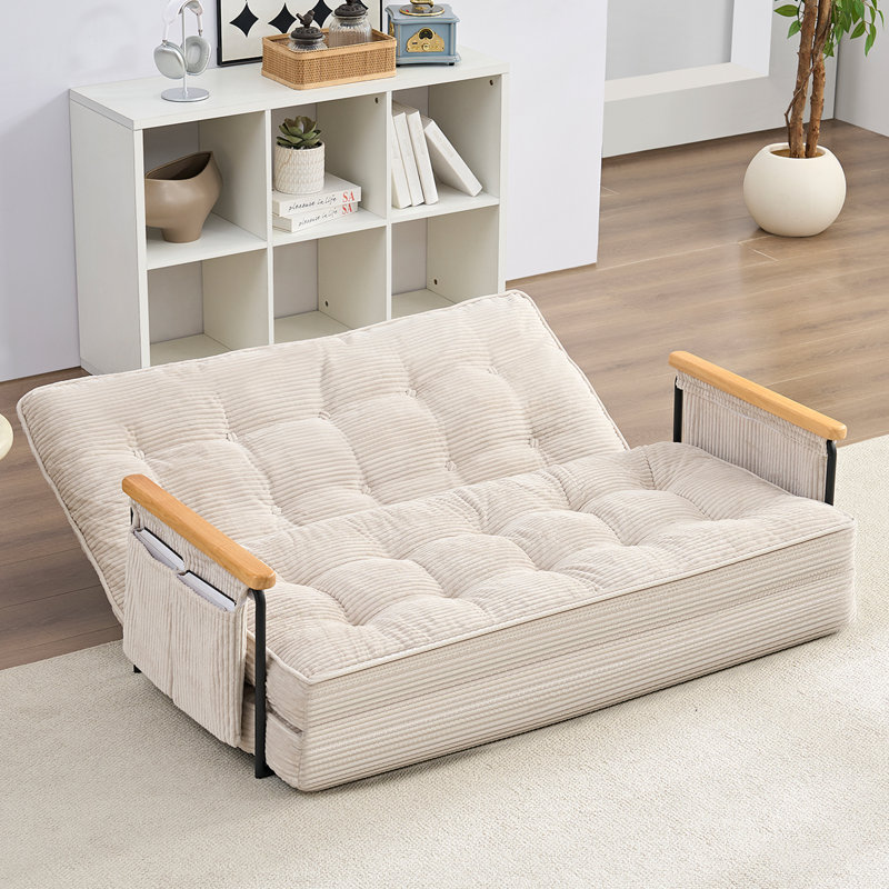 2-in-1 Convertible Loveseat Recliner with Wooden Arms & Side Pockets, Beige