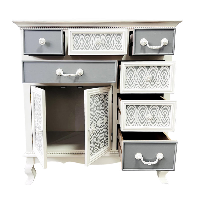 SAYULITA 34'' Tall Solid Wood+MDF 7-Drawers Accent Cabinet, White/Grey, Drawer Pulls