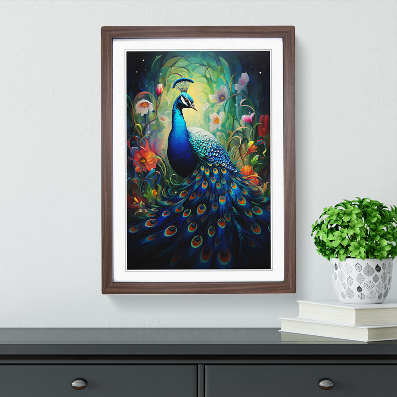 Peacock Modern - Single Picture Frame Print on Wood, 64cm H x 46cm W x 2cm D, Walnut Framed