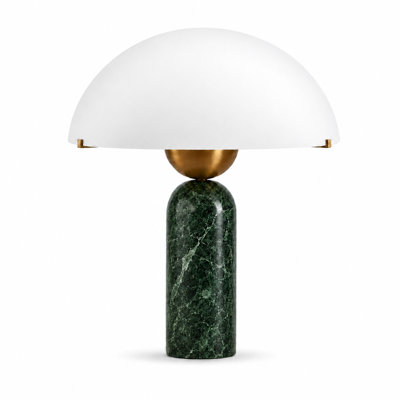  Natural Stone Table Lamp, Mid-Century Modern Dome Mushroom Lamp With Green Travertine Base And Frosted Glass Shade, Minimalist Bedside Nightstand Light For Bedroom, Living Room 14.5" Height