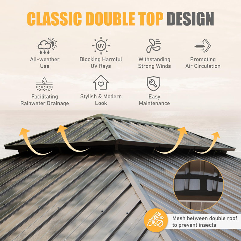 Hardtop Gazebo, Permanent Metal Gazebo With Galvanized Steel Double Roof And Aluminum Frame, Curtain And Netting, Large Pavilion Gazebo, Wood Looking