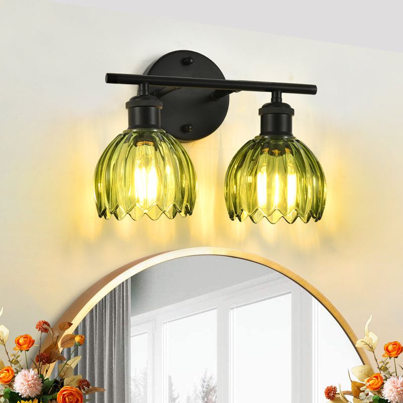 Vintage 2 - Light Black Vanity Light With Tulip Green Glass Shades For Bathroom, Living Room Bedroom, Green, Black, 2 Lights
