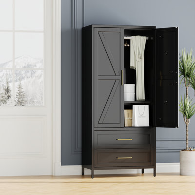 Armoire en métal avec tiroirs et tringles de suspension, 71 po de hauteur, unité de rangement pour chambre à coucher, 2 tiroirs + 1 tablette réglable, 4 pieds de nivellement, noir, à assembler soi-même