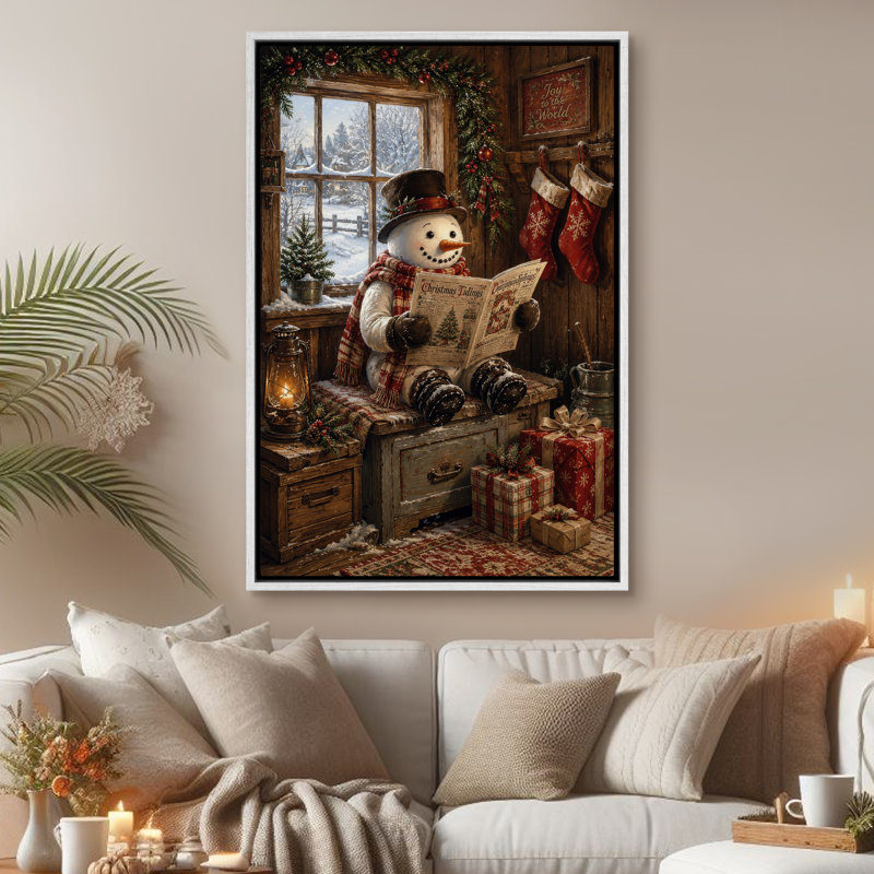 Cozy bonhomme de neige lisant le journal de Noël, décor de vacances rustiques, impression encadrée, 36" H x 24" W, White