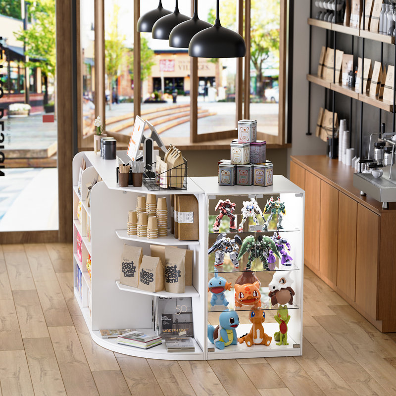 L-shaped Reception Desk With Counter, Glass Retail Counter Desk Display Case, 2 Drawers