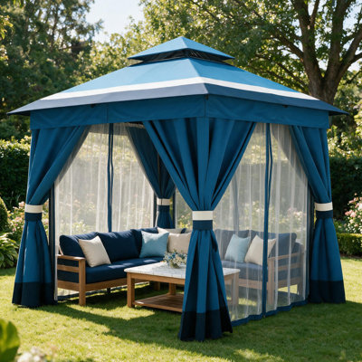 8 Ft. W x 8 Ft. D Steel Patio Gazebo with Double Roof Soft Canopy, Curtains and Mosquito Netting