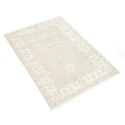 Tapis turc beige en laine noué à la main 2,7 x 3,7 pi avec motif floral intégral