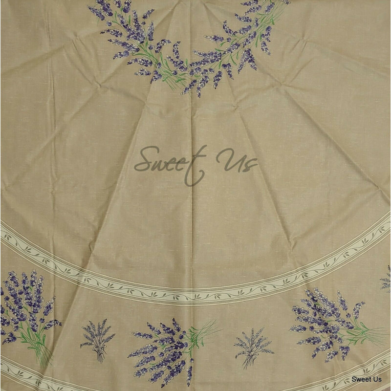 Wipeable Stain Resistant Acrylic Coated Cotton Provencal Lavender Floral Round Tablecloth Collection, Taupe, 71" x 71"