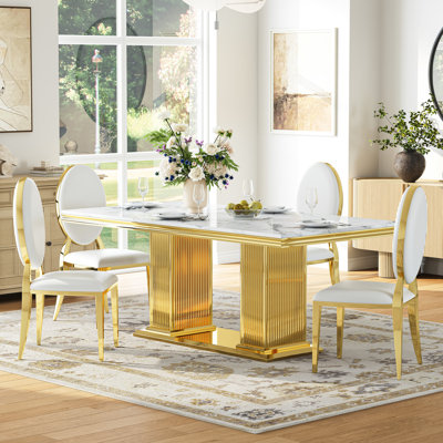 69" Rectangular Faux Marble Top Double Pedestal Dining Set