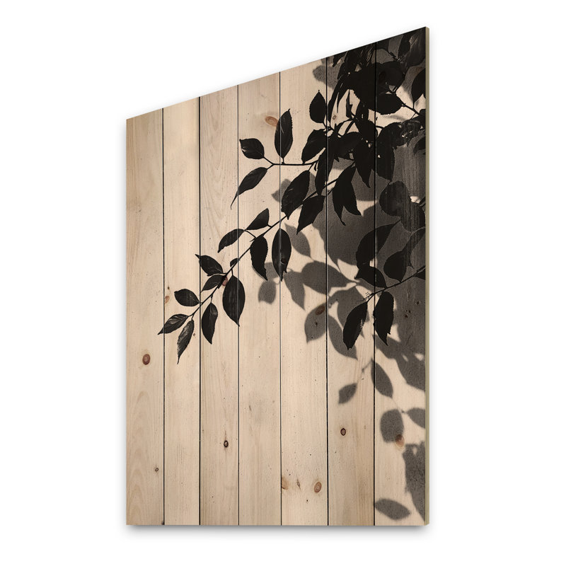 Black Leaves Shadow Silhouette II - Leaves Wood Wall Decor - On Natural Pine Wood, 44" H x 34" W x 0.78" D