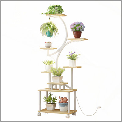 Plant Stand Indoor with Grow Lights - 62" Tall Plant Shelf, Lighted Corner Plant Stands for Indoor Growing, 8 Tiered Large Flower Holder, S-Shaped Decorative Rack for Living Room (NATURAL COLOR)