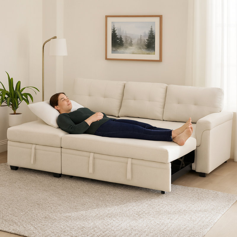 Gadalia Modern L-Shaped Sectional Sleeper Sofa with Storage Chaise, Pull-Out Bed Design – Reversible Velvet Couch for Small Spaces