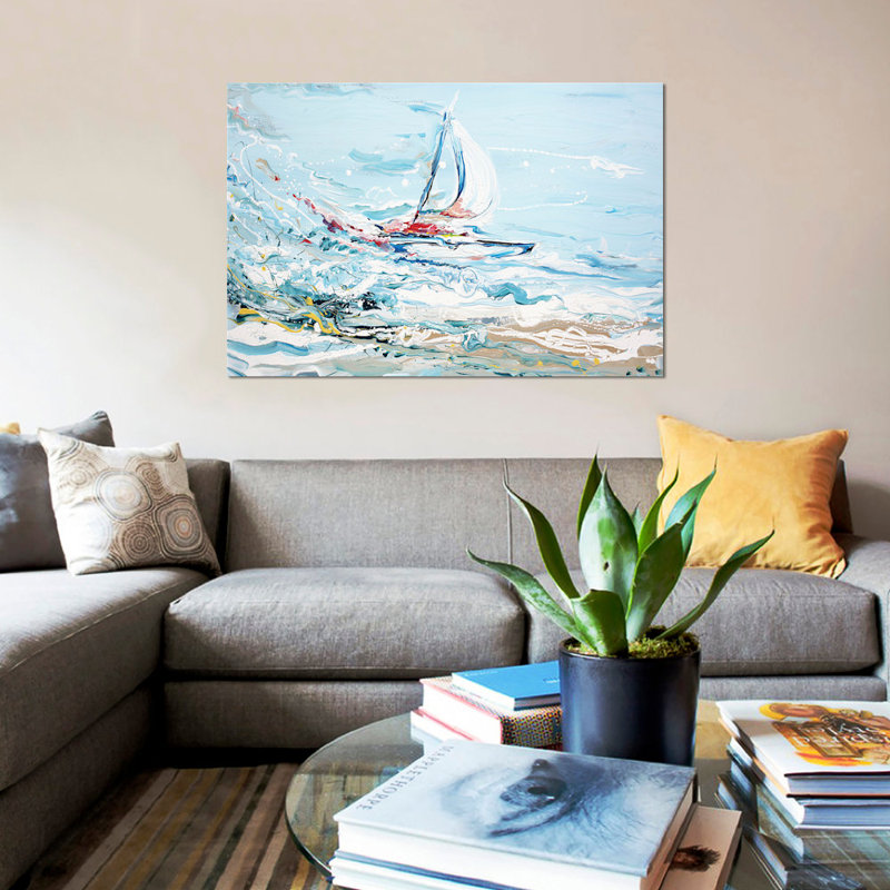 « voilier », impression sur toile, H 18 po x l 26 po x P 1,5 po, Toile avec cadre noir, Pas de tapis