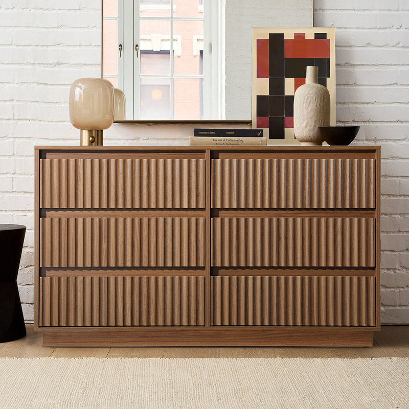 Commode double à 6 tiroirs de 47,2 po avec panneaux ondulés Dejesus, Walnut