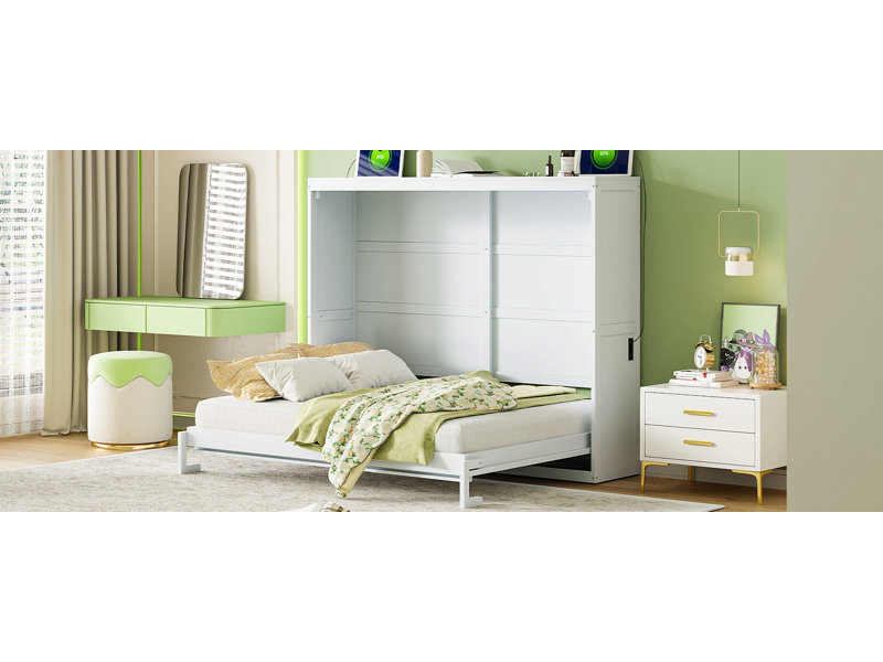 Lit escamotable en bois, Blanc, Grand lit
