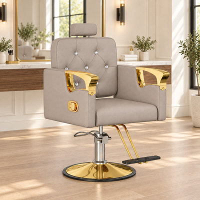 Reclining Salon Chair with Adjustable Height Barber Chair Hydraulic Salon Chair  -Gray/Gold