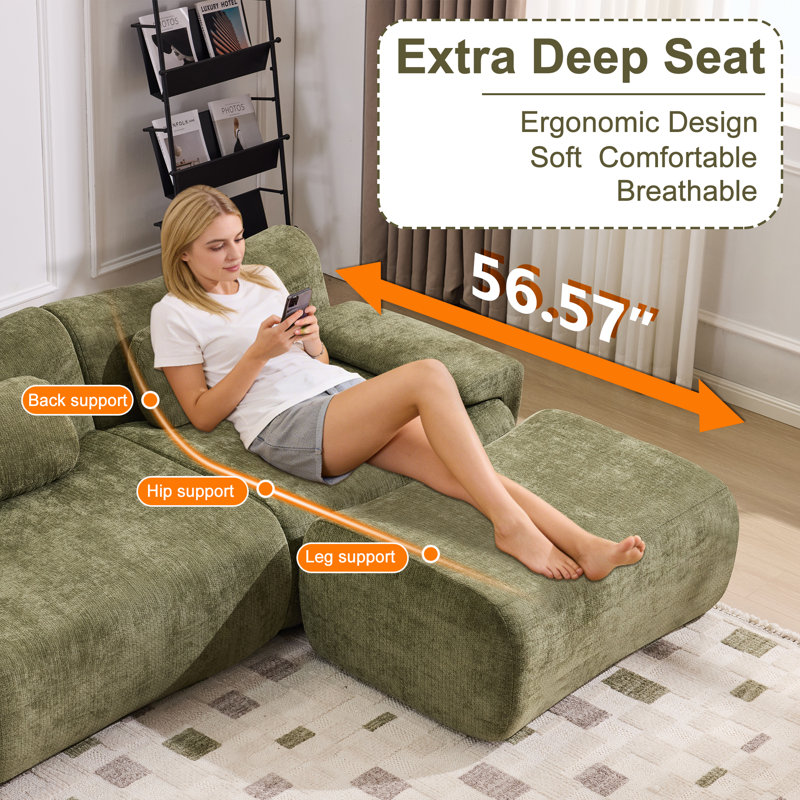 Canapé modulaire en chenille à assise profonde et repose-pieds en rayonne de 108 po Boneless, Chenille verte