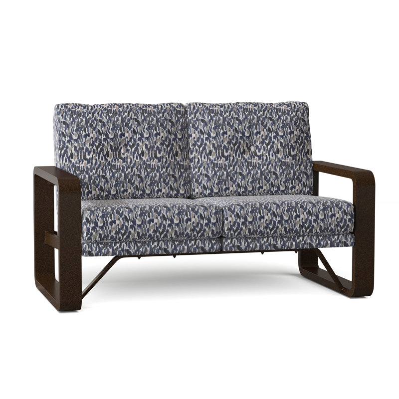 Vale 60.5'' Wide Aluminum Loveseat with Cushions, Fairview Indigo Abstract Sunbrella®, Chestnut Brown