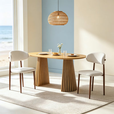 Extendable Solid Wood Dining Table with 2 Beige Cushion Beech Frame Rattan Dining Chairs, Bohemian Medieval Dining Set