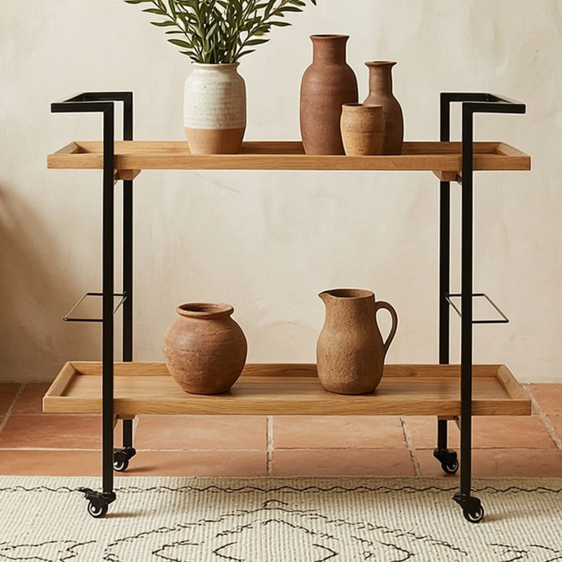 Chariot-bar avec tablettes roulantes et rabattables, Naturel