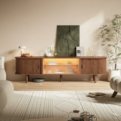 Pasqualena 70" Tv Stand With Rgb Led Lights, Mid Century Modern Acrylic Sliding Doors & Ample Storage,  Tall Legs For Living Room Entertainment Center, Stylish Wood Media Console Cabinet