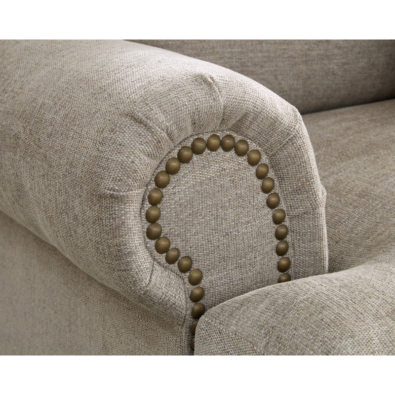 Beige Fabric Rolled Arm Nailhead Loveseat