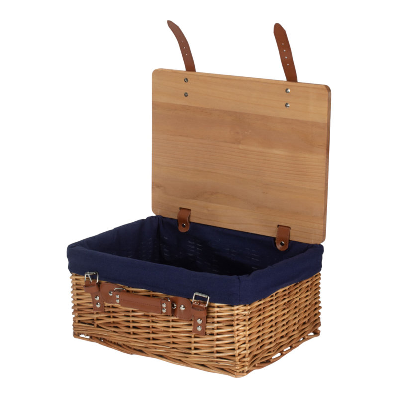 Extra Large Double Steamed Navy Lined Willow Picnic Basket with Pinewood Lid, 19cm H x 46cm W x 30cm D