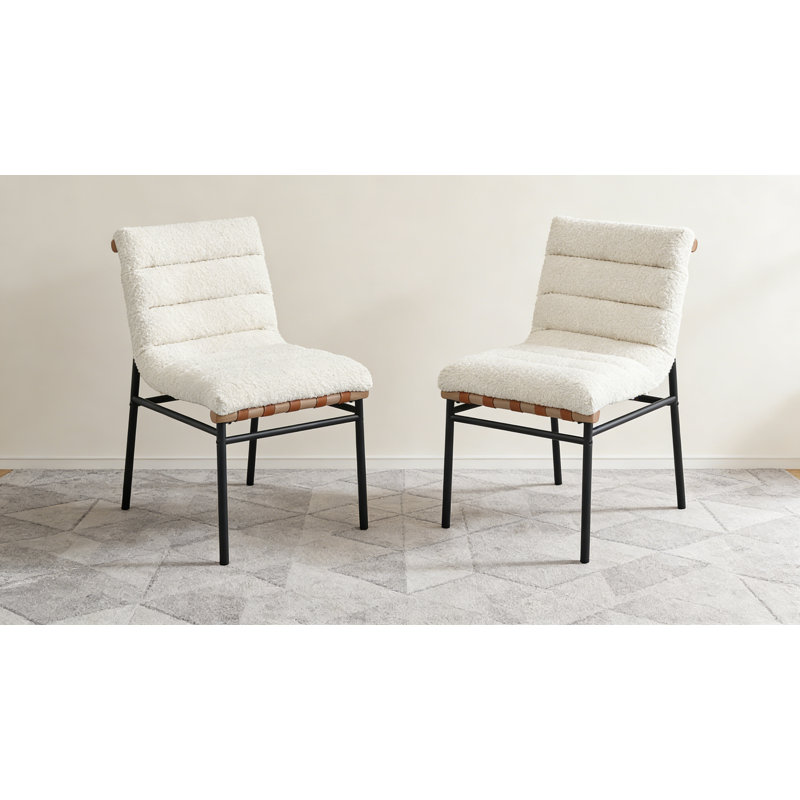 Lahni Boucle Fabric Set of 2 Dining Chair with Iron Legs, White