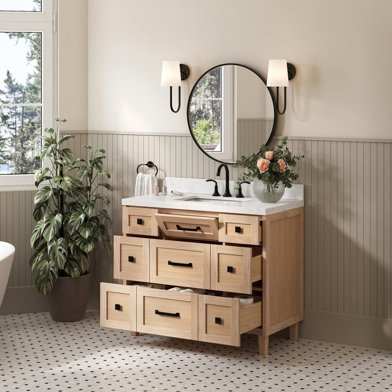 Meuble-lavabo simple en bois massif ARIEL Monroe, Chêne, 42" - 43", Carrara White Quartz