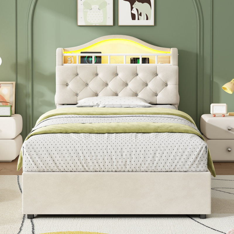 3ft Ottoman Bed With Led And  Storage Headboard Velvet, Beige
