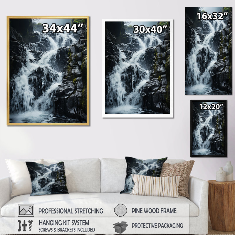 Chute d'eau dynamique sur toile, H 20 po x l 12 po x P 1 po, Cadre naturel flottant