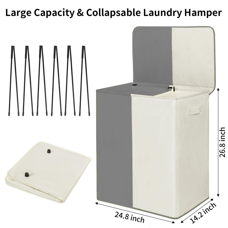 Large 154L Double Laundry Basket with Lid and Removable Bags, Collapsible 2-Section Hamper, (Grey + Beige), Gray/Beige