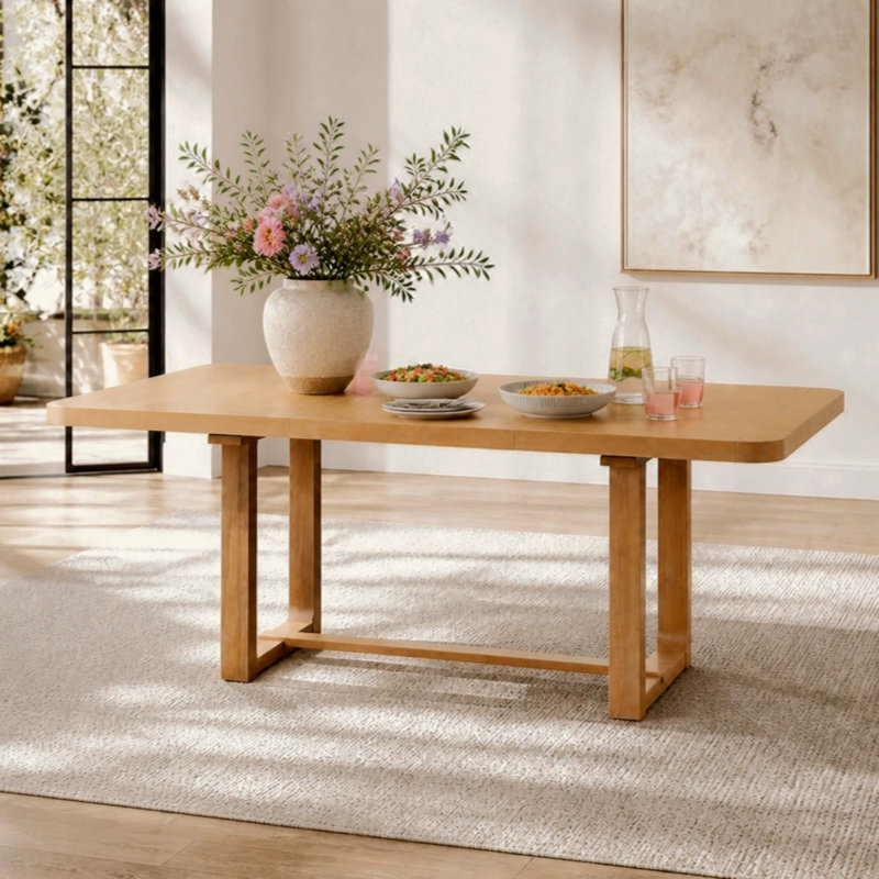 Table de salle à manger extensible, table de cuisine rectangulaire de 152 à 213 cm (60 à 84 pouces) avec coins arrondis, rallonge amovible, détails rainurés, piètement à entretoise et patins de protection.